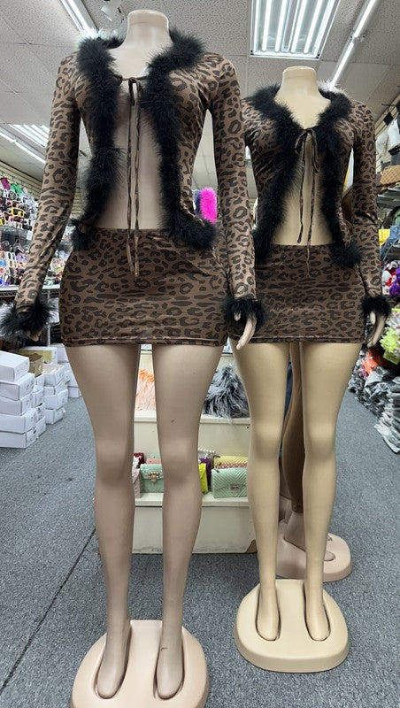 Leopard + Fur Skirt Set